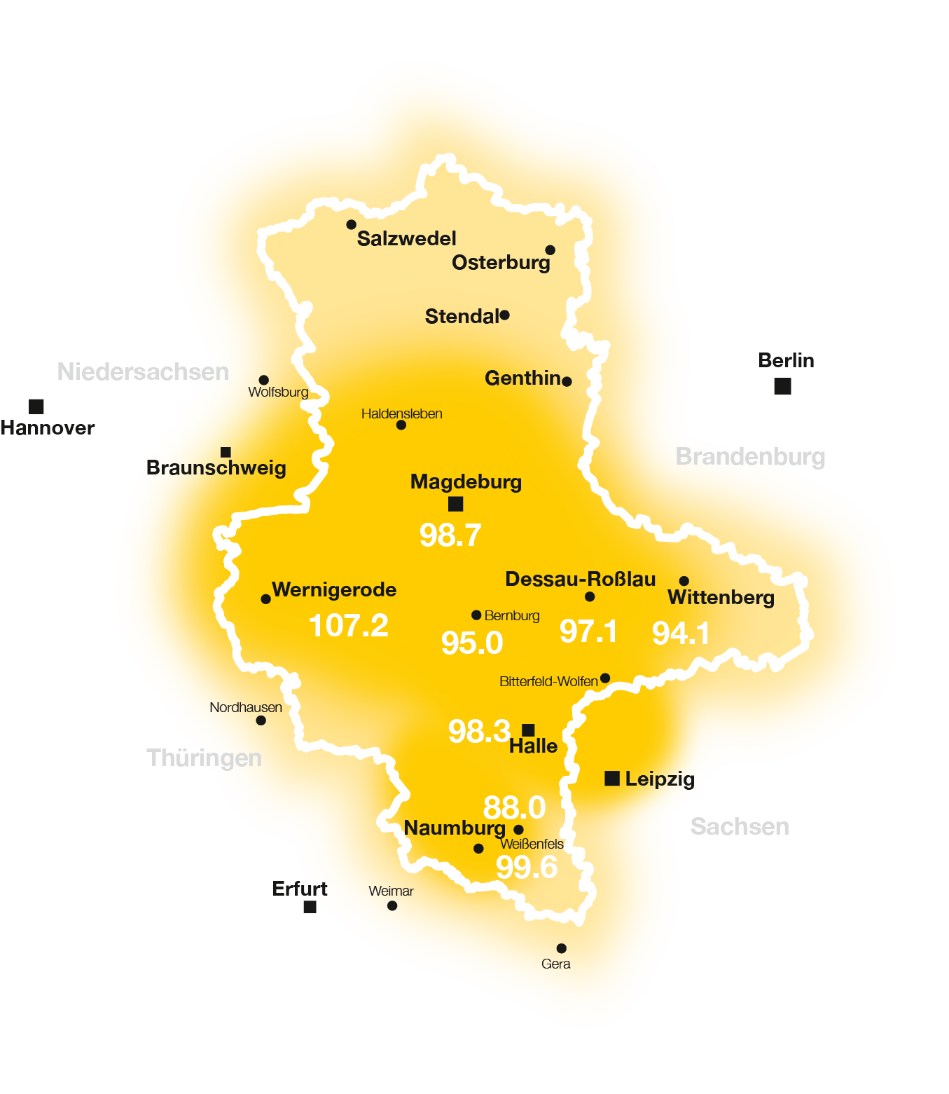 Das UKW und DAB+ Sendegebiet von ROCKLAND Sachsen-Anhalt